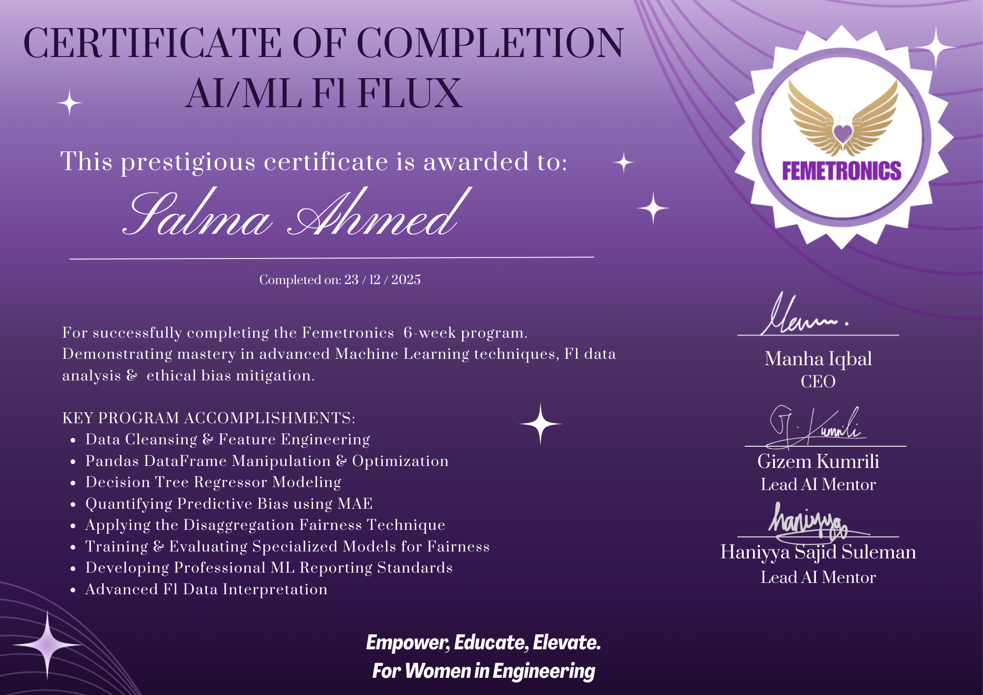 AI/ML F1 Flux certificate awarded to Salma Ahmed