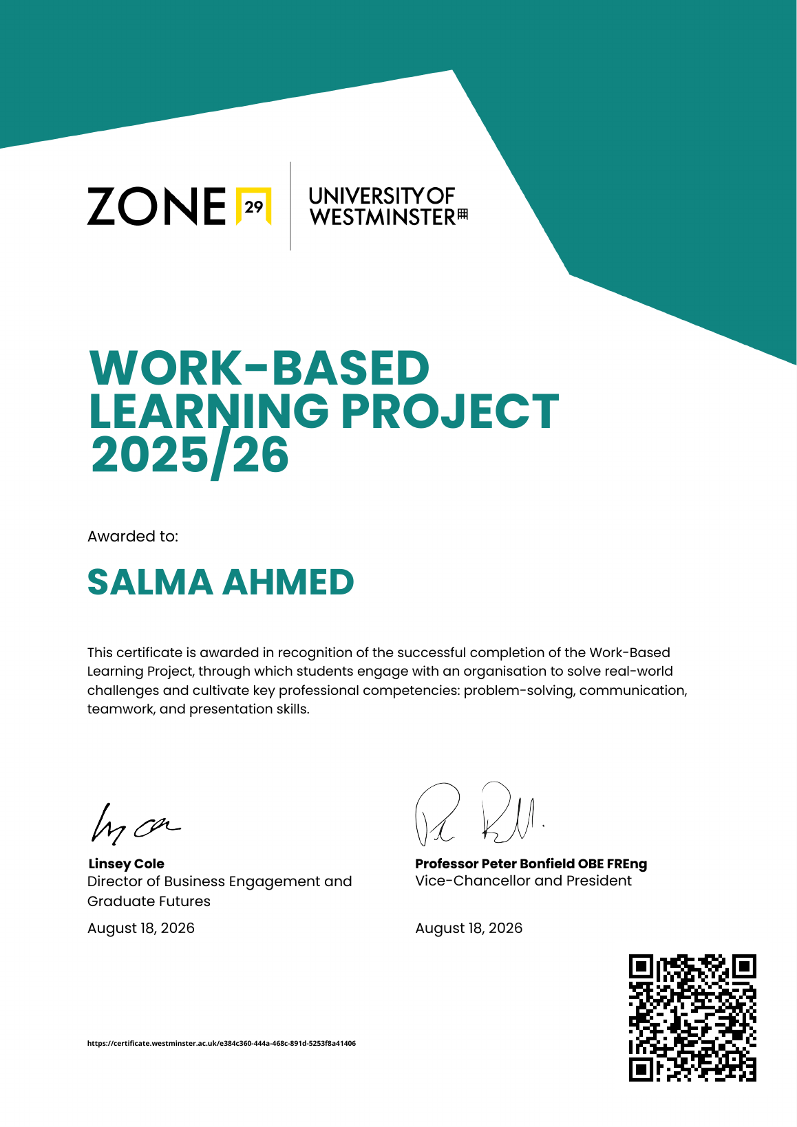 University of Westminster Work-Based Learning Project certificate awarded to Salma Ahmed